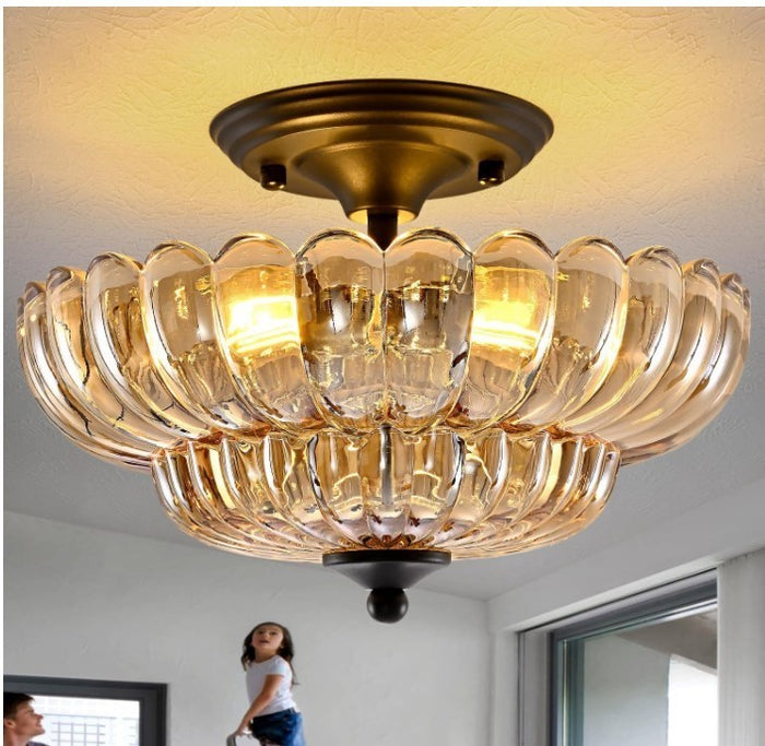 Amber Glass Ceiling Light Semi Flush Mount Black Modern Fixture Black-309