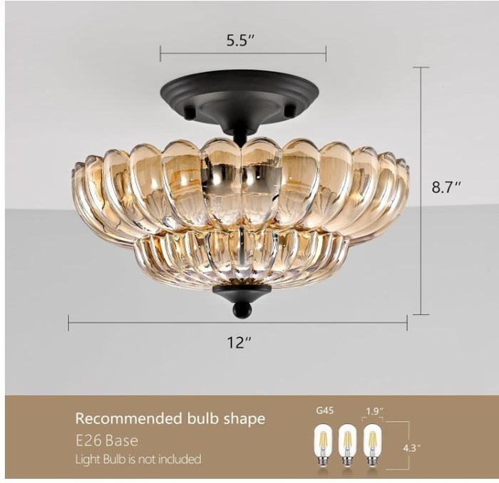 Amber Glass Ceiling Light Semi Flush Mount Black Modern Fixture Black-309