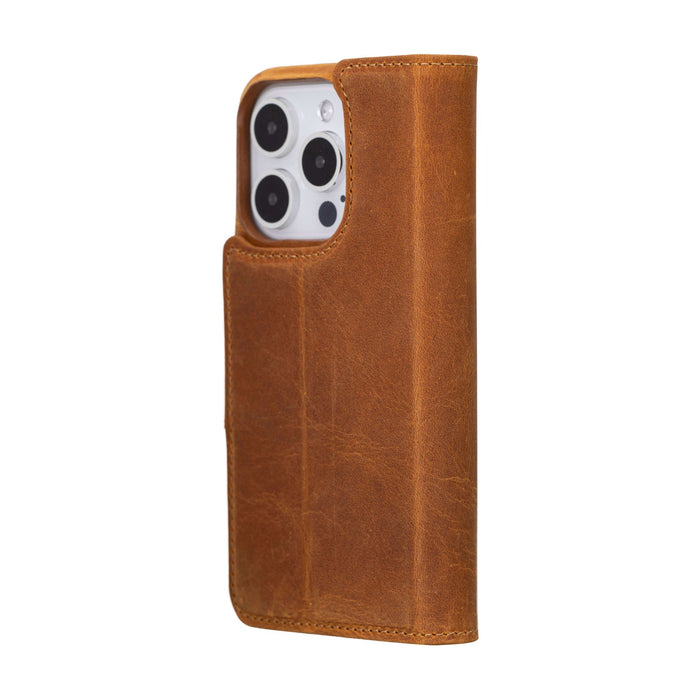 iPhone 15 Pro Leather Wallet Case - Burkley Classic 2-in-1 Detachable Folio, Golden Brown - BlackBrook Case