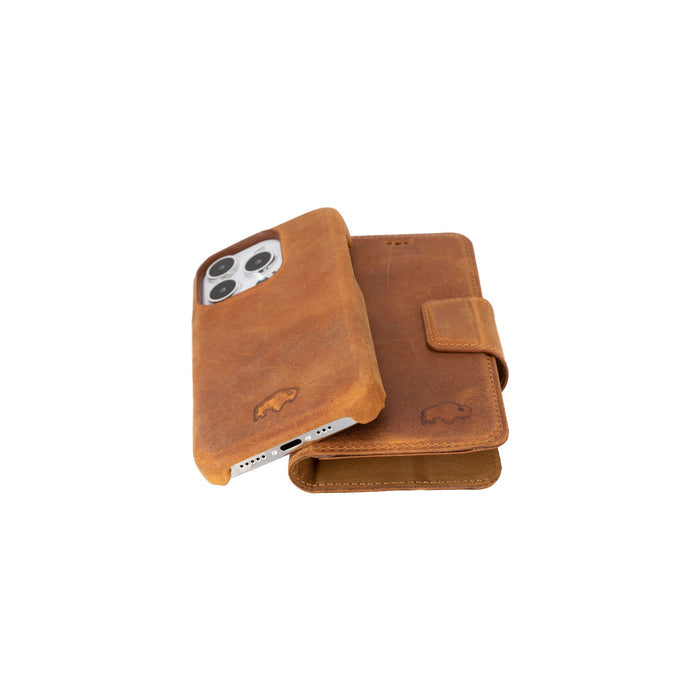 iPhone 15 Pro Leather Wallet Case - Burkley Classic 2-in-1 Detachable Folio, Golden Brown - BlackBrook Case