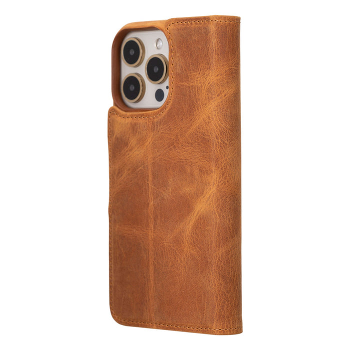 iPhone 15 Pro Max Leather Wallet Case - Burkley Classic 2-in-1 Detachable Folio, Golden Brown - BlackBrook Case