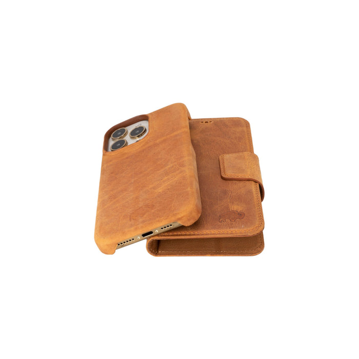 iPhone 15 Pro Max Leather Wallet Case - Burkley Classic 2-in-1 Detachable Folio, Golden Brown - BlackBrook Case