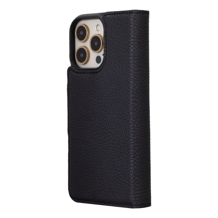 iPhone 15 Pro Max Leather Wallet Case - Burkley Classic 2-in-1 Detachable Folio, Pebble Black - BlackBrook Case