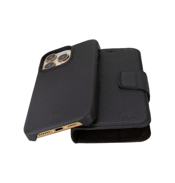 iPhone 15 Pro Max Leather Wallet Case - Burkley Classic 2-in-1 Detachable Folio, Pebble Black - BlackBrook Case