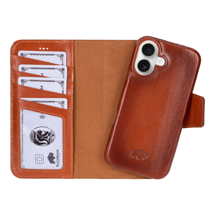 iPhone 16 Leather Wallet Case - Burkley Classic 2 - in - 1 Detachable Folio, Burnished Tan - BlackBrook Case