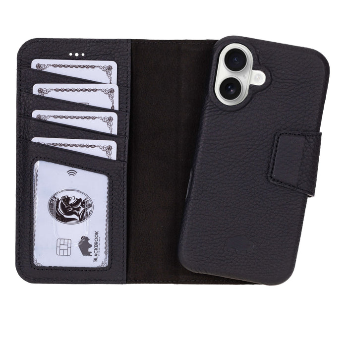 iPhone 16 Leather Wallet Case - Burkley Classic 2 - in - 1 Detachable Folio, Pebble Black - BlackBrook Case