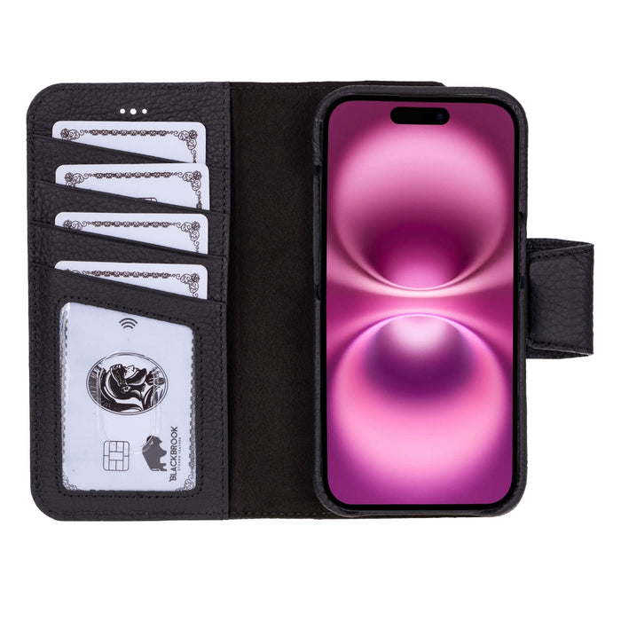 iPhone 16 Leather Wallet Case - Burkley Classic 2 - in - 1 Detachable Folio, Pebble Black - BlackBrook Case