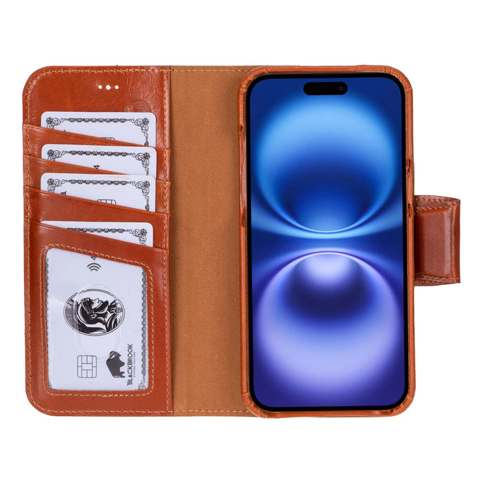 iPhone 16 Plus Leather Wallet Case - Burkley Classic 2 - in - 1 Detachable Folio, Burnished Tan - BlackBrook Case
