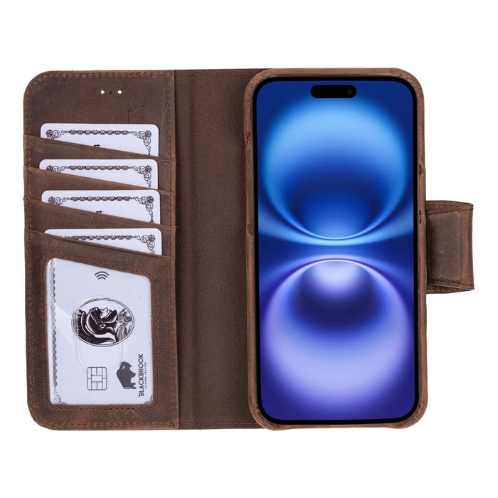 iPhone 16 Plus Leather Wallet Case - Burkley Classic 2 - in - 1 Detachable Folio, Distressed Coffee - BlackBrook Case