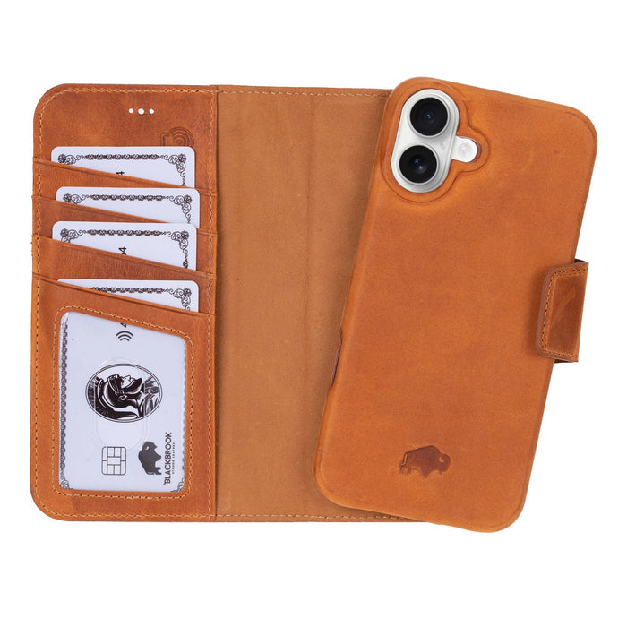 iPhone 16 Plus Leather Wallet Case - Burkley Classic 2 - in - 1 Detachable Folio, Golden Brown - BlackBrook Case