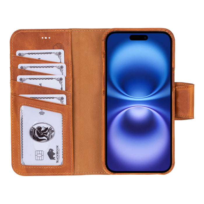iPhone 16 Plus Leather Wallet Case - Burkley Classic 2 - in - 1 Detachable Folio, Golden Brown - BlackBrook Case