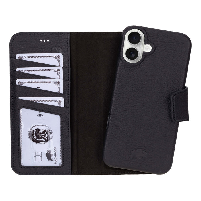 iPhone 16 Plus Leather Wallet Case - Burkley Classic 2 - in - 1 Detachable Folio, Pebble Black - BlackBrook Case