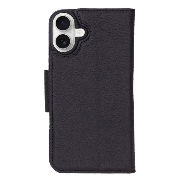 iPhone 16 Plus Leather Wallet Case - Burkley Classic 2 - in - 1 Detachable Folio, Pebble Black - BlackBrook Case