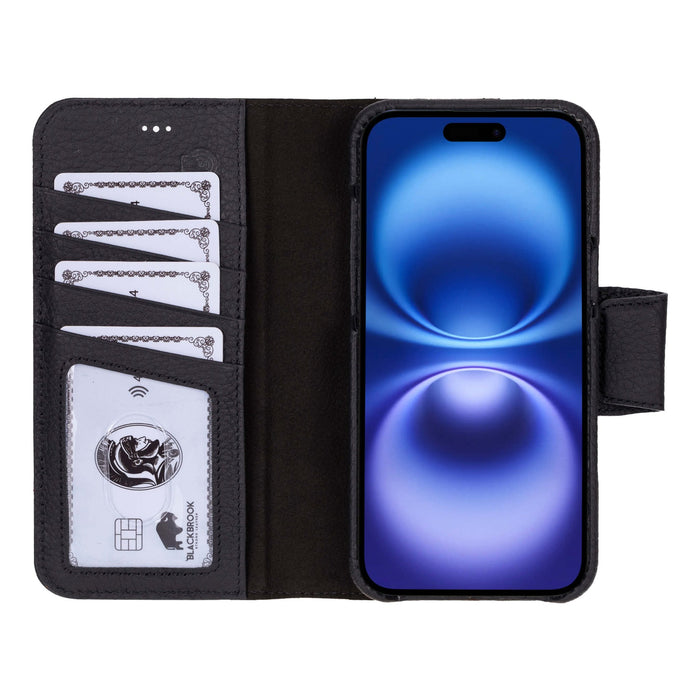 iPhone 16 Plus Leather Wallet Case - Burkley Classic 2 - in - 1 Detachable Folio, Pebble Black - BlackBrook Case