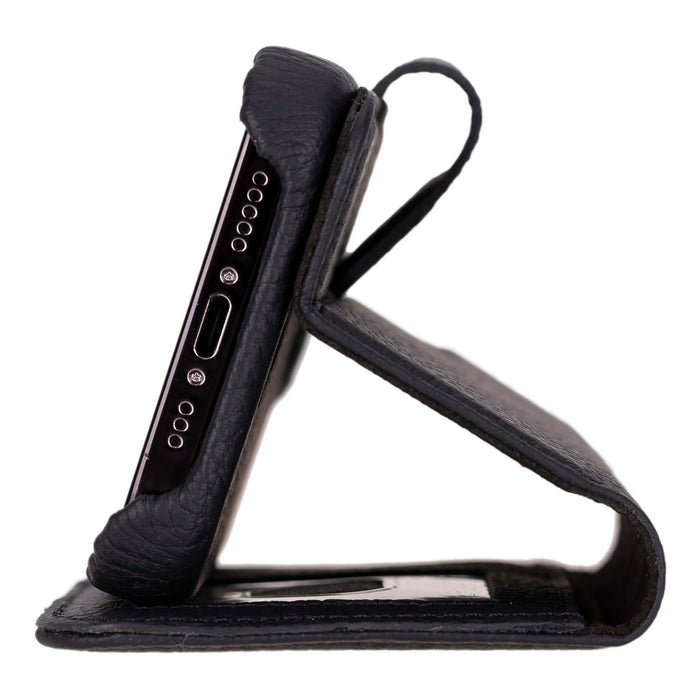 iPhone 16 Plus Leather Wallet Case - Burkley Classic 2 - in - 1 Detachable Folio, Pebble Black - BlackBrook Case