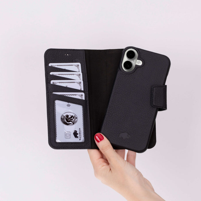 iPhone 16 Plus Leather Wallet Case - Burkley Classic 2 - in - 1 Detachable Folio, Pebble Black - BlackBrook Case