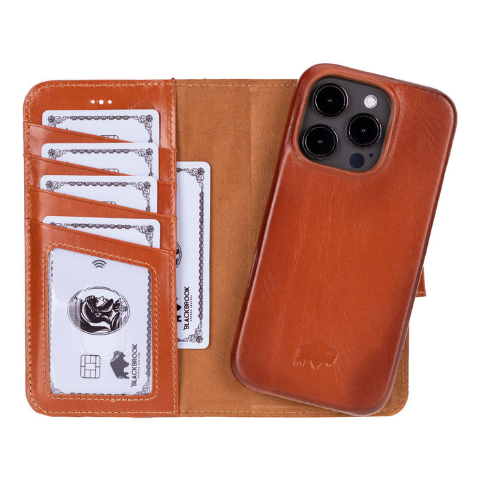 iPhone 16 Pro Leather Wallet Case - Burkley Classic 2 - in - 1 Detachable Folio, Burnished Tan - BlackBrook Case