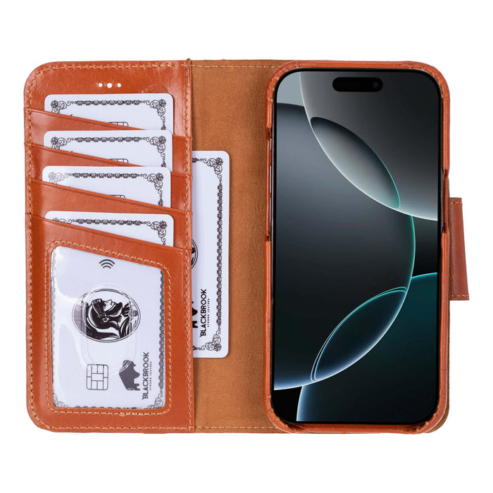iPhone 16 Pro Leather Wallet Case - Burkley Classic 2 - in - 1 Detachable Folio, Burnished Tan - BlackBrook Case