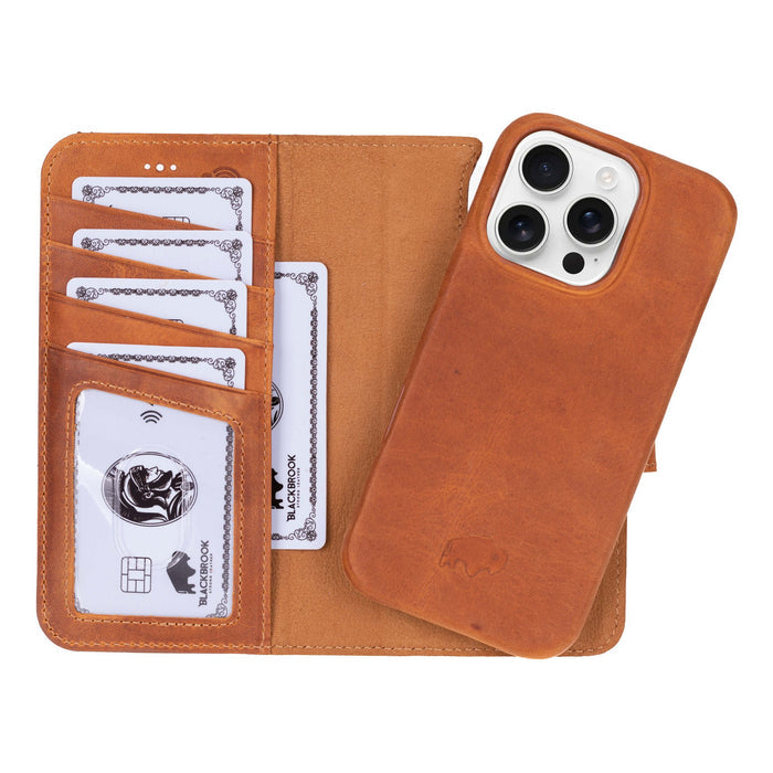 iPhone 16 Pro Leather Wallet Case - Burkley Classic 2 - in - 1 Detachable Folio, Golden Brown - BlackBrook Case