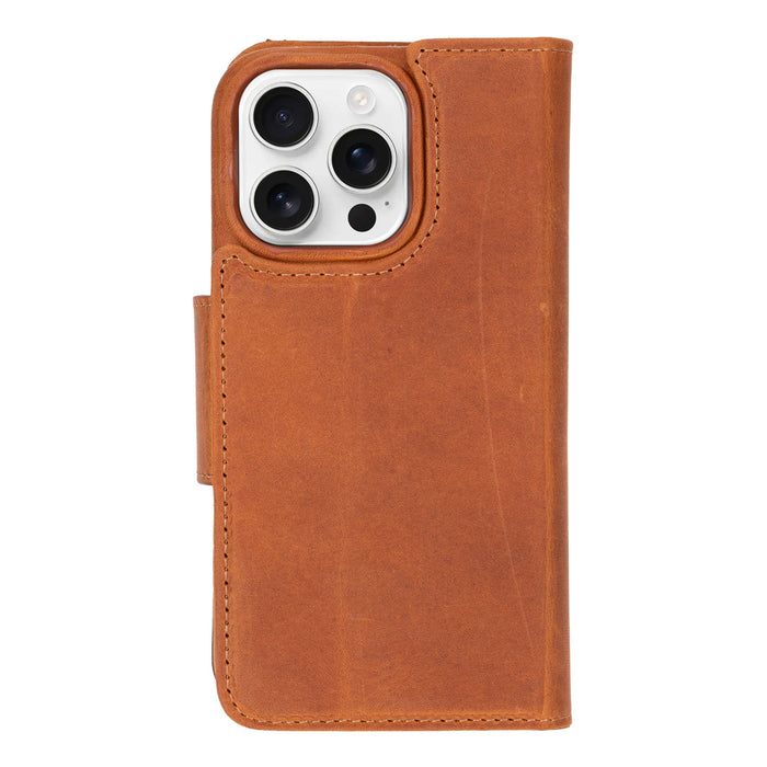 iPhone 16 Pro Leather Wallet Case - Burkley Classic 2 - in - 1 Detachable Folio, Golden Brown - BlackBrook Case