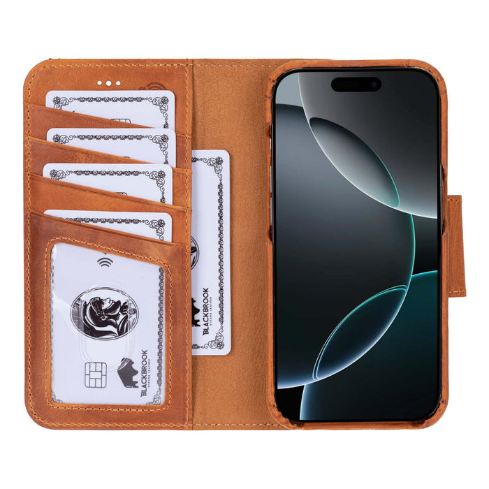 iPhone 16 Pro Leather Wallet Case - Burkley Classic 2 - in - 1 Detachable Folio, Golden Brown - BlackBrook Case