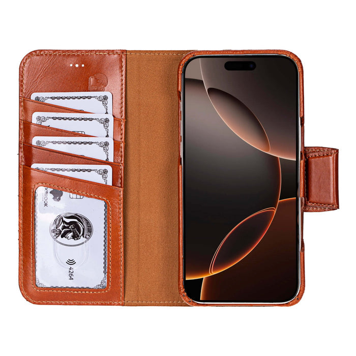 iPhone 16 Pro Max Leather Wallet Case - Burkley Classic 2 - in - 1 Detachable Folio, Burnished Tan - BlackBrook Case