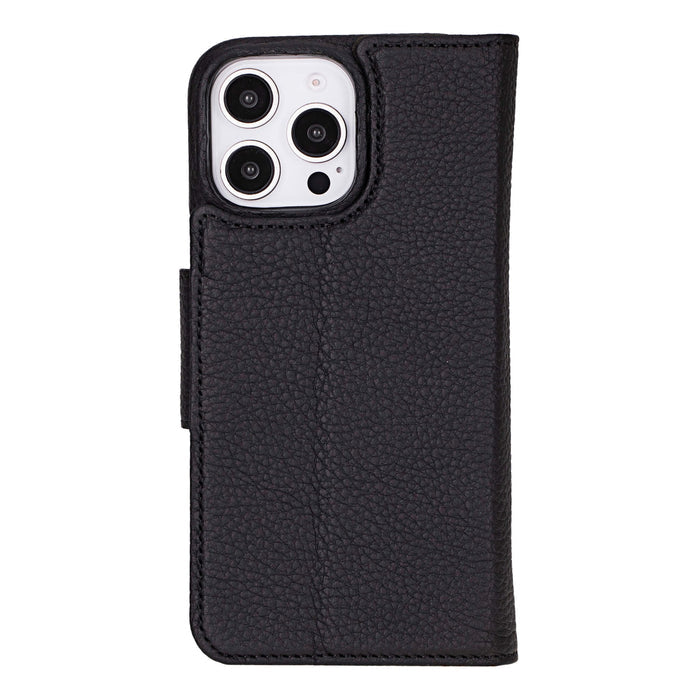 iPhone 16 Pro Max Leather Wallet Case - Burkley Classic 2 - in - 1 Detachable Folio, Pebble Black - BlackBrook Case