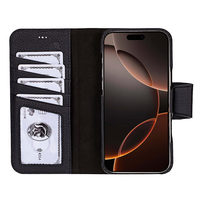 iPhone 16 Pro Max Leather Wallet Case - Burkley Classic 2 - in - 1 Detachable Folio, Pebble Black - BlackBrook Case
