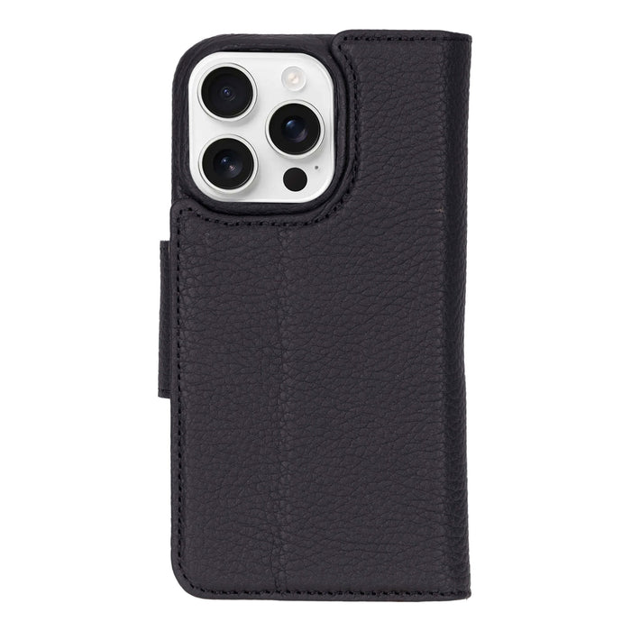 iPhone 16 Pro Leather Wallet Case - Burkley Classic 2 - in - 1 Detachable Folio, Pebble Black - BlackBrook Case