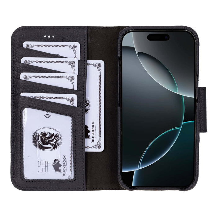 iPhone 16 Pro Leather Wallet Case - Burkley Classic 2 - in - 1 Detachable Folio, Pebble Black - BlackBrook Case