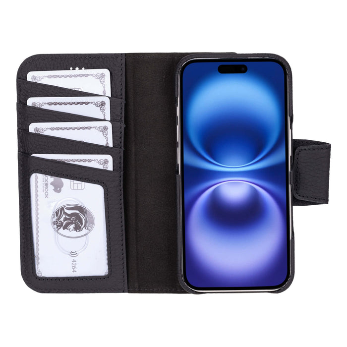 iPhone 17 Leather Wallet Case - Burkley Classic 2 - in - 1 Detachable Folio, Pebble Black - BlackBrook Case