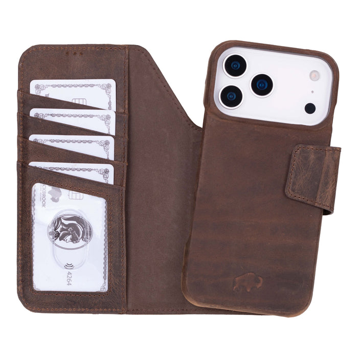 iPhone 18 Pro Max Leather Wallet Case - Burkley Classic 2 - in - 1 Detachable Folio, Distressed Coffee - BlackBrook Case