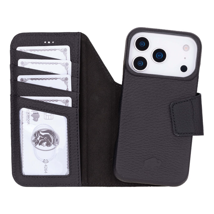 iPhone 17 Pro Leather Wallet Case - Burkley Classic 2 - in - 1 Detachable Folio, Pebble Black - BlackBrook Case