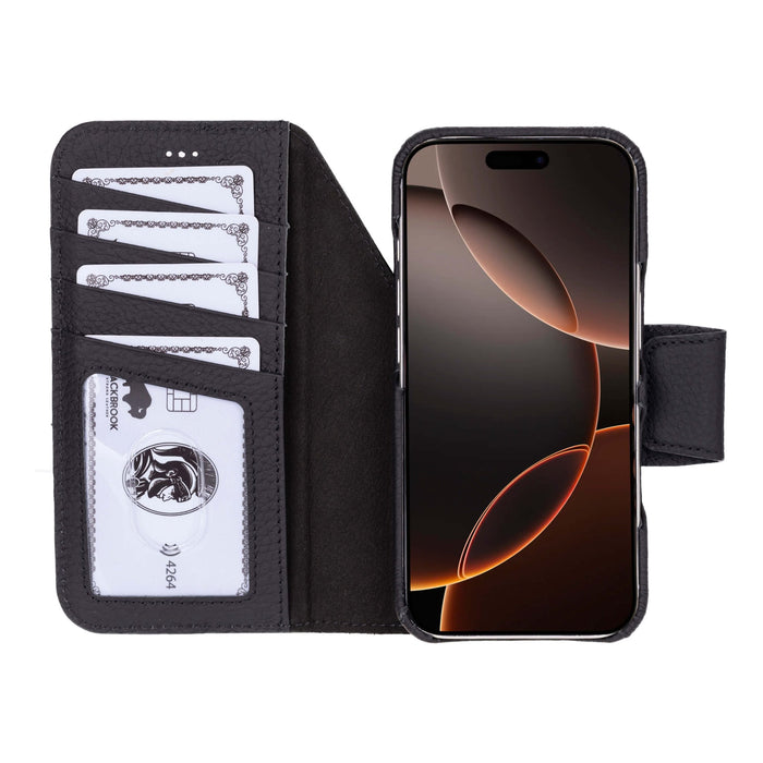 iPhone 17 Pro Leather Wallet Case - Burkley Classic 2 - in - 1 Detachable Folio, Pebble Black - BlackBrook Case