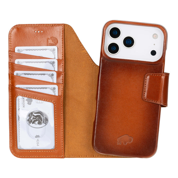 iPhone 17 Pro Leather Wallet Case - Burkley Classic 2 - in - 1 Detachable Folio, Burnished Tan - BlackBrook Case