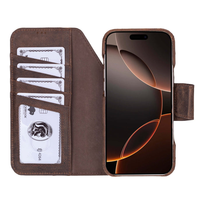 iPhone 18 Pro Max Leather Wallet Case - Burkley Classic 2 - in - 1 Detachable Folio, Distressed Coffee - BlackBrook Case