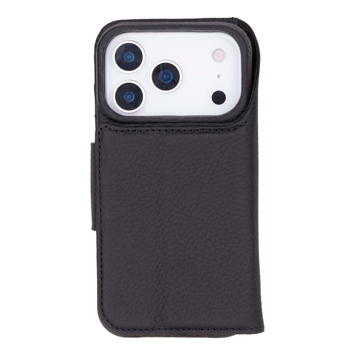 iPhone 17 Pro Leather Wallet Case - Burkley Classic 2 - in - 1 Detachable Folio, Pebble Black - BlackBrook Case