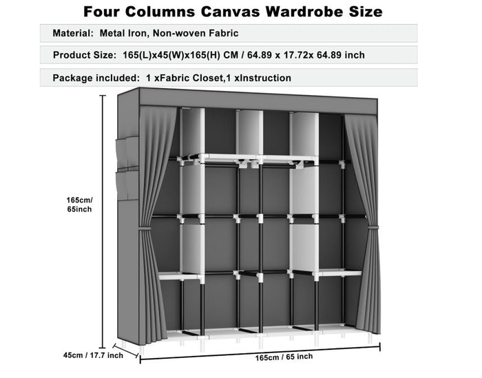 Canvas Wardrobe Portable Clothes Closet 4 Rails Foldable Storage Grey 165cm-332