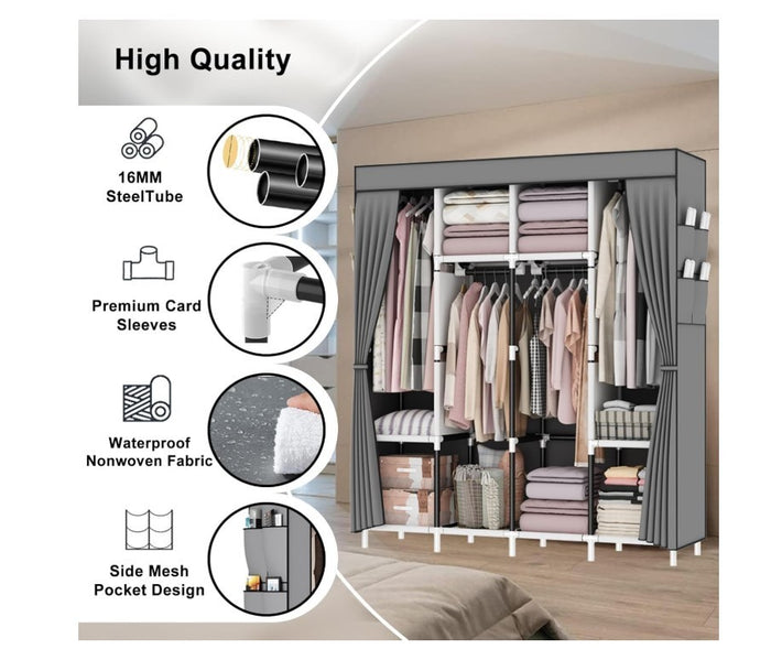 Canvas Wardrobe Portable Clothes Closet 4 Rails Foldable Storage Grey 165cm-332