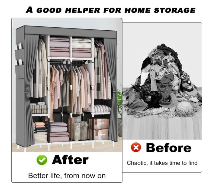 Canvas Wardrobe Portable Clothes Closet 4 Rails Foldable Storage Grey 165cm-332