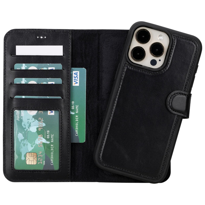 Carter Detachable Leather iPhone 15 Plus Wallet Case, Rustic Black - BlackBrook Case
