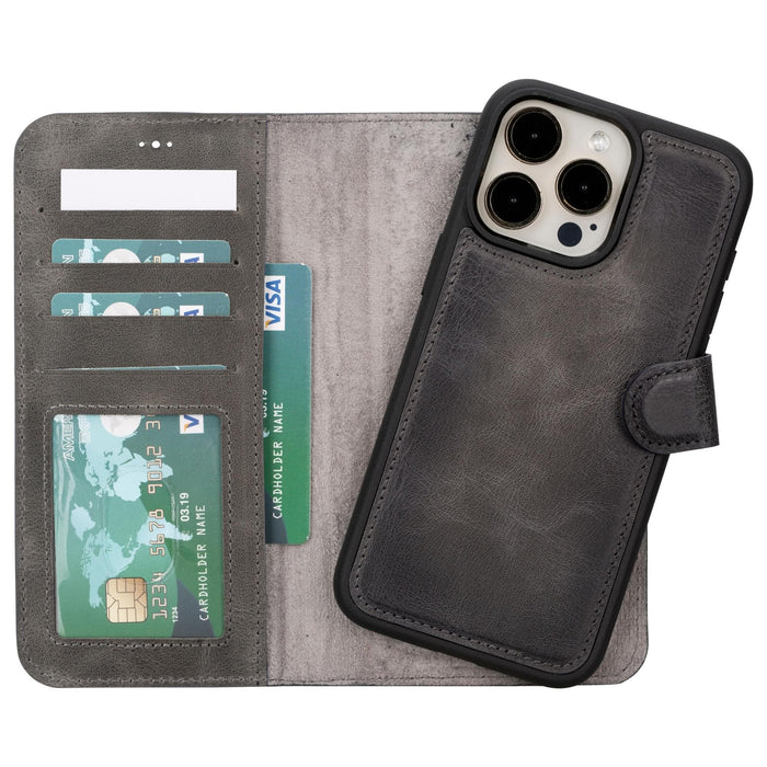Carter Detachable Leather iPhone 15 Plus Wallet Case, Vesselle Gray - BlackBrook Case