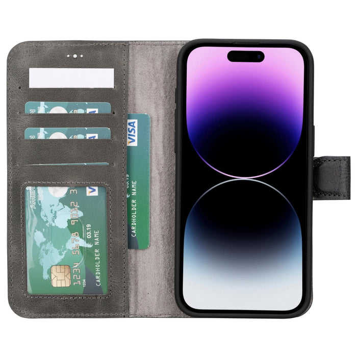 Carter Detachable Leather iPhone 15 Plus Wallet Case, Vesselle Gray - BlackBrook Case