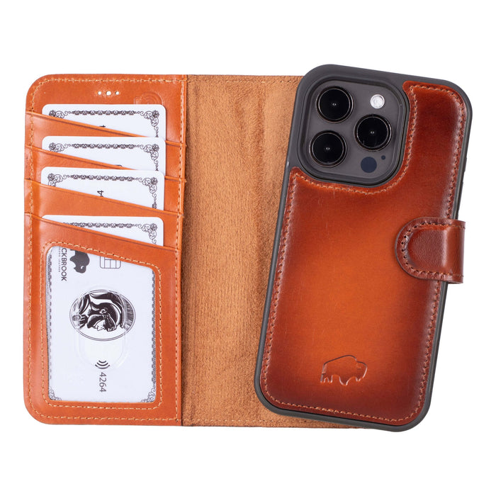 Carter Detachable Leather iPhone 15 Pro Wallet Case, Burnished Tan - BlackBrook Case