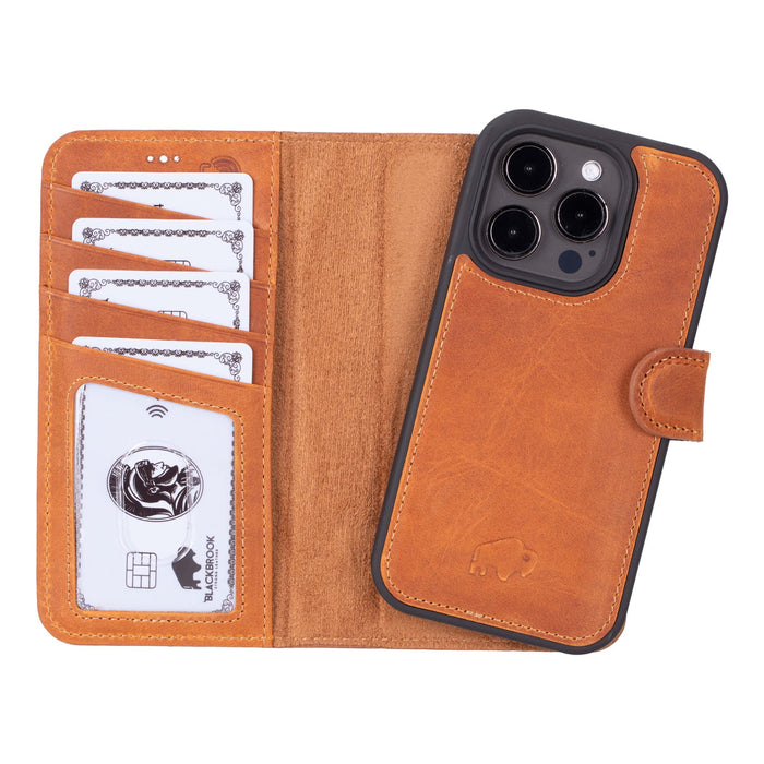 Carter Detachable Leather iPhone 15 Pro Wallet Case, Golden Brown - BlackBrook Case