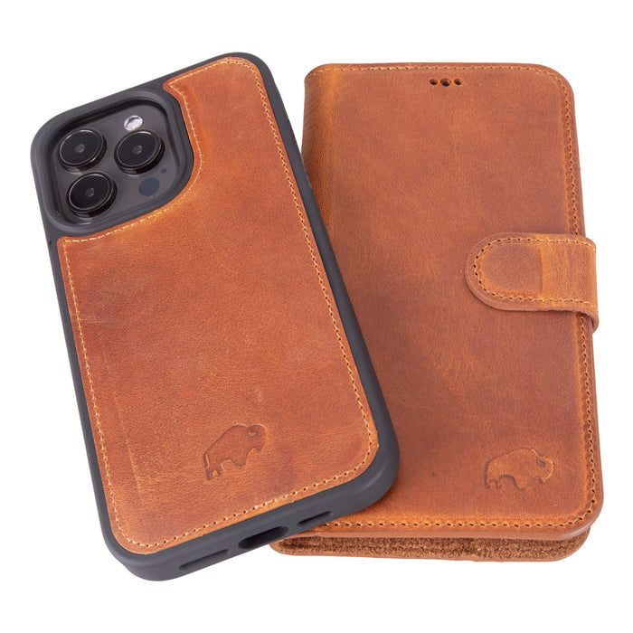 Carter Detachable Leather iPhone 15 Pro Wallet Case, Golden Brown - BlackBrook Case
