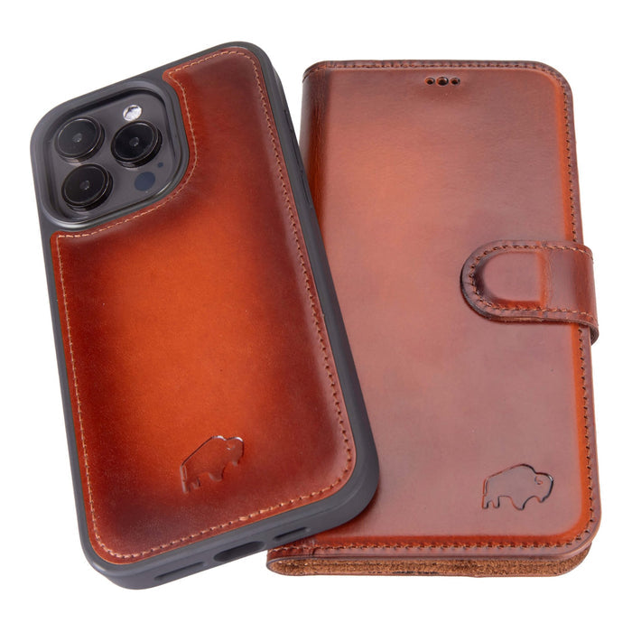 Carter Detachable Leather iPhone 15 Pro Max Wallet Case, Burnished Tan - BlackBrook Case