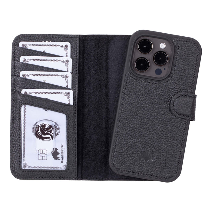 Carter Detachable Leather iPhone 15 Pro Wallet Case, Pebble Black - BlackBrook Case