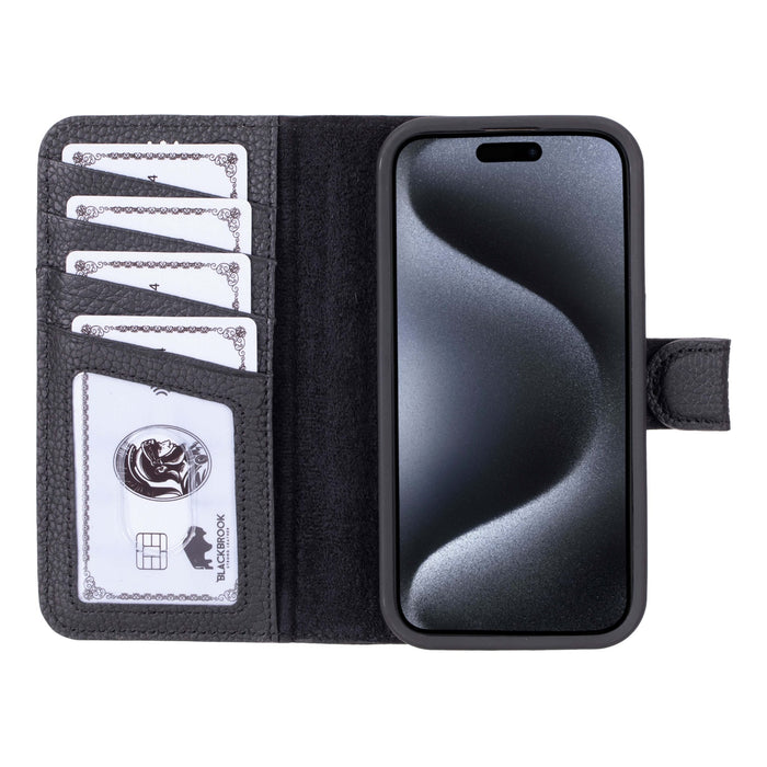 Carter Detachable Leather iPhone 15 Pro Wallet Case, Pebble Black - BlackBrook Case