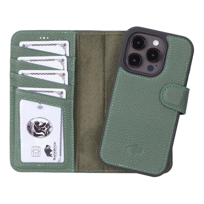 Carter Detachable Leather iPhone 15 Pro Wallet Case, Pebble Green - BlackBrook Case